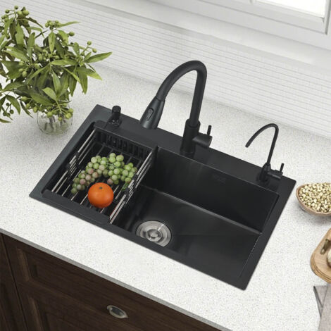 Évier de cuisine, noir mat, en acier inoxydable 304,55 x 45 cm, avec robinet, distributeur de savon/robinet potable