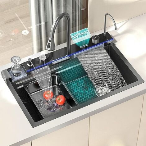 LED Évier de cuisine en cascade multifonction avec robinet amovible, distributeur de savon, lave-vaisselle