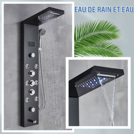 Suguword – Colonne de douche hydromassante noire – 2 grandes buses de massage – 6 buses de micro massage – Affichage température – Acier inoxydable 304