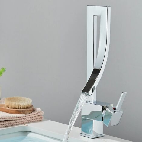 Robinet Salle de Bain Cascade, Design Elégant Robinet Lavabo, Mitigeur en Laiton, Eau Chaude et Froide Disponible, Robinetterie Chromé (1/5)