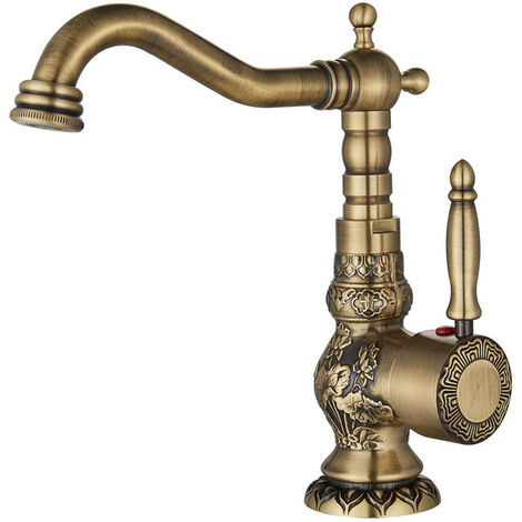 Suguword Robinet Salle de Bain Mitigeur de Lavabo Monocommande Laiton Délicat Gravé Antique Robinets de Lavabo Chaude et Froide