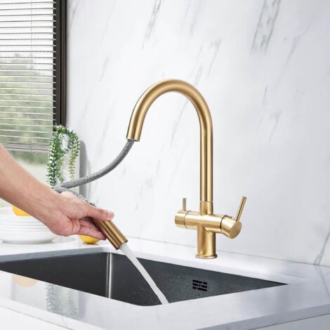 Suguword – Mitigeur de cuisine 3 voies – Or brossé – Filtre à osmose – Corps en acier inoxydable – Installation facile – Pivotant 360°