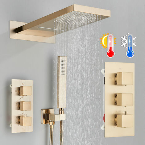 Or Douche Encastrée Thermostatique Doré, Colonne de Douche Encastrée Système de Douche Encastré,2 Fonctions Pommeau de Douche et Douchette à Main Installation au Mur Ensemble de Douche Acier Inoxydabl