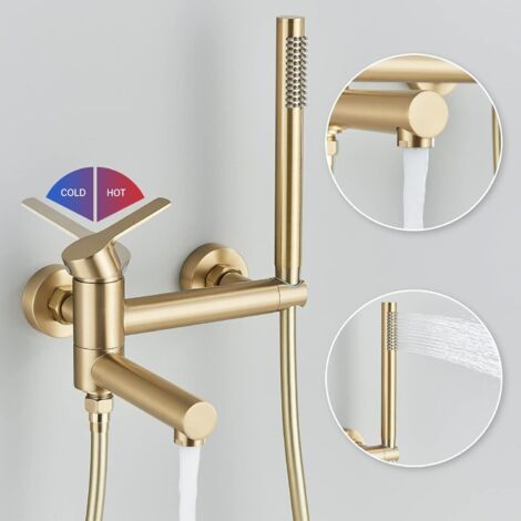 Suguword – Robinet mural de baignoire à cascade – Douchette or brossé – Laiton massif sans plomb – Remplissage rapide – Design moderne