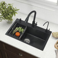 Évier de cuisine, noir mat, en acier inoxydable 304,55 x 45 cm, avec robinet, distributeur de savon/robinet potable