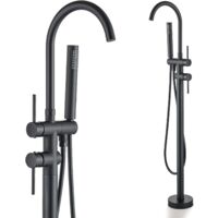 Suguword – Mitigeur de baignoire noir à deux poignées – Robinet de remplissage au sol avec douche à main – Buse rotative 360° – Laiton anticorrosion
