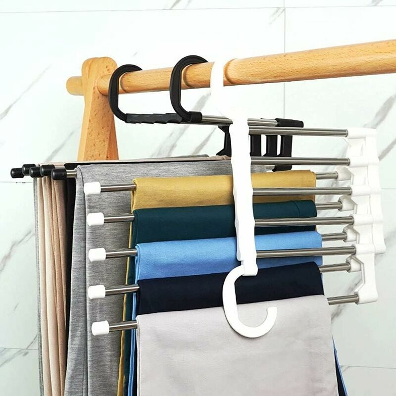 SONGMICS 3 Pack Pants Hangers, Space-Saving Multi-Bar Metal Pants Hangers, Stable with Non-Slip Padding, Swing Arms for 5
