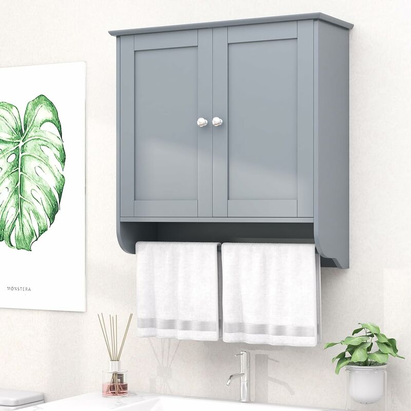 Giantex Wandschrank für Badezimmer, Medikamentenschrank über WC mit  Doppeltüren, verstellbares Regal und Handtuchstange, für Badezimmer,  Schlafzimmer, Küche (Grau)