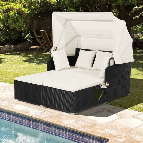 Giantex Outdoor-Bett aus Rattan, Terrassensofa-Set 2 Personen mit faltbarem  Sonnendach & 2 klappbaren Tischen,