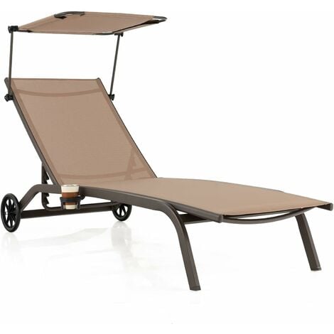 Giantex Liegestuhl mit Sonnenblende, Relaxliege mit Rückenlehne,  verstellbar in 6 Positionen, neigbar, mit Rollen und Getränkehalter