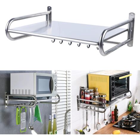 Soporte de pared de acero inoxidable para microondas, estante de cocina, estante de pared, estante para microondas, con 6 ganchos