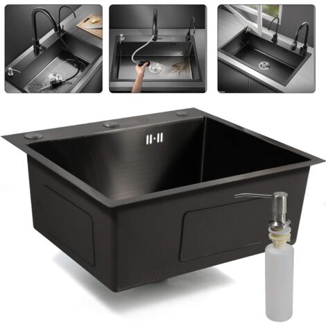 50 x 45 cm Fregadero empotrable de acero inoxidable negro 1 cubeta para cocinas y baños + dosificador de jabón negro (1/5)