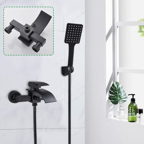 Grifo de bañera negro en cascada, grifo mezclador de baño, grifería de pared, bañera, ducha de mano.