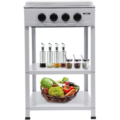 Cocina de gas vertical de cuatro quemadores con espacio de almacenamiento, adecuada para cocinas de restaurantes comerciales, equipada con una tapa abatible.