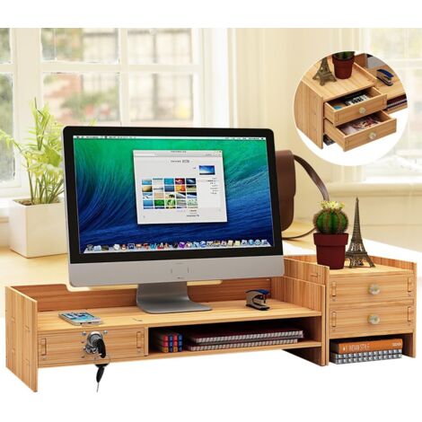 Soporte de Monitor con 3 Cajones, 2 Niveles Soporte de Monitor de Ordenador Portátil para Pantalla de PC, Soporte de Monitor de Sobremesa de Madera con Organizador de Almacenaje para Oficina en Casa (1/5)