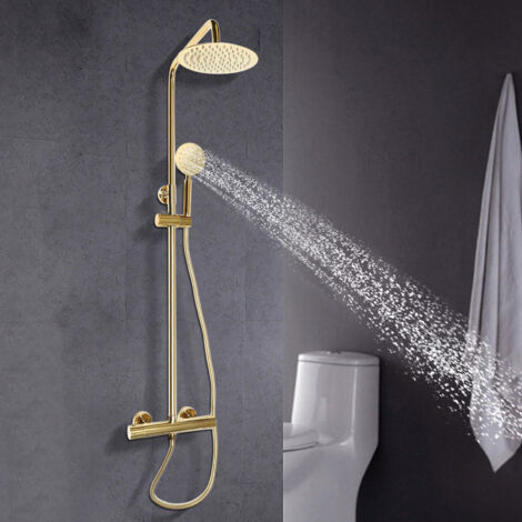 Sistema de ducha antical con termostato Juego de ducha tipo lluvia Accesorios de ducha Columna de ducha Latón dorado (1/5)