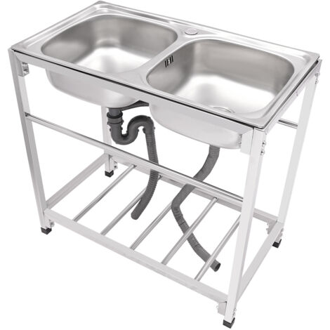 Fregadero utilitario exterior de doble cubeta en acero inoxidable, fregadero de cocina comercial autónomo, adecuado para lavaderos, garajes y cafeterías. Dimensiones: 83 cm x 44 cm x 77 cm. (1/5)