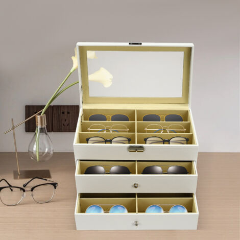 Organizador de gafas de sol con 18 compartimentos, caja para guardar gafas graduadas y gafas de sol, vitrina para gafas con cajón, con cerradura, blanco