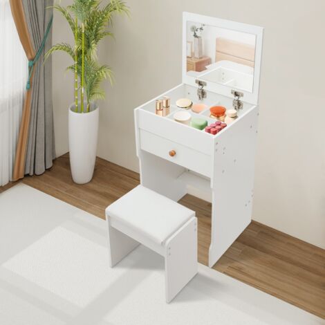 Tocador de esquina con espejo, tocador de esquina con taburete, mesa de maquillaje con numerosos compartimentos y cajones, tocadores para el hogar, habitaciones pequeñas, blanco. (1/5)