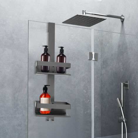 Estante de ducha para colgar de acero inoxidable - Negro antioxidante I Estante de ducha de dos niveles sin taladros I Estante de baño Cesta de ducha para colgar Accesorios de baño