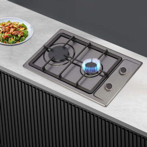 Cocina de gas, cocina de gas de acero inoxidable con protección automática contra llamas, cocina de gas de 2 quemadores, gas natural y gas propano, empotrable o independiente, 3000 W/1750 W.