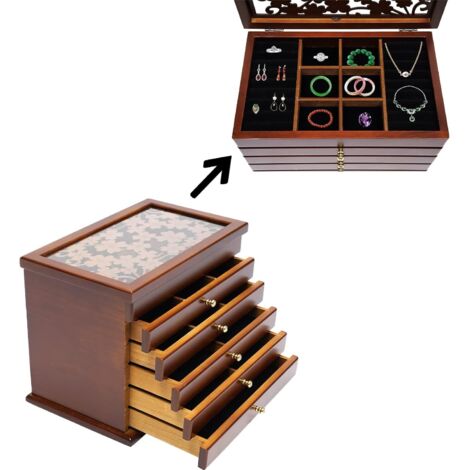 Caja grande de joyas de madera, 6 capas, caja de joyas vintage con forro de terciopelo, caja de joyas tallada, para pulseras, collares, anillos, regalo (color nogal)