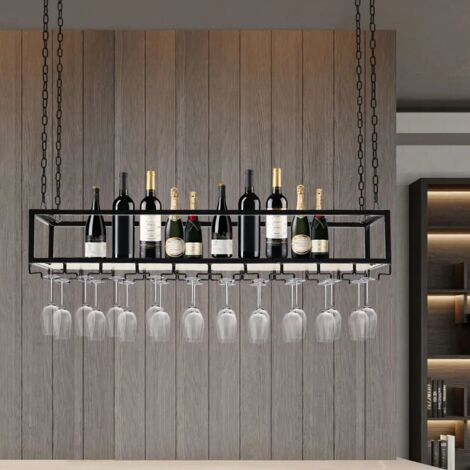 Estantería suspendida de 100 cm. Estantería de techo con compartimentos para copas de vino y botellas de vino, suspendida