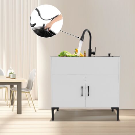Mueble bajo fregadero de 81 x 43 cm, fregadero doble con mueble y grifo de ducha extraíble, fregadero de acero inoxidable con mueble, mueble blanco con fregadero, ideal para lavaderos, cocinas y baños