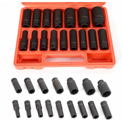 16 piezas Juego de Tuercas de Llave de Impacto Llave de Tubo Juego de Llaves Hexagonales Tuercas de Casquillo con Caja 1/2 Pulgada de Largo 10 mm - 32 mm