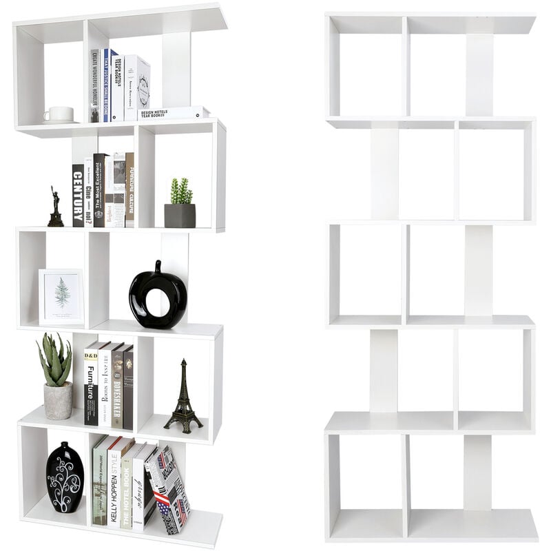 Librería, librerías con estante, librería en forma de S, 5 niveles de almacenamiento, 175 x 70 x 23,5 cm, armario independiente para sala de estar/dormitorio/oficina