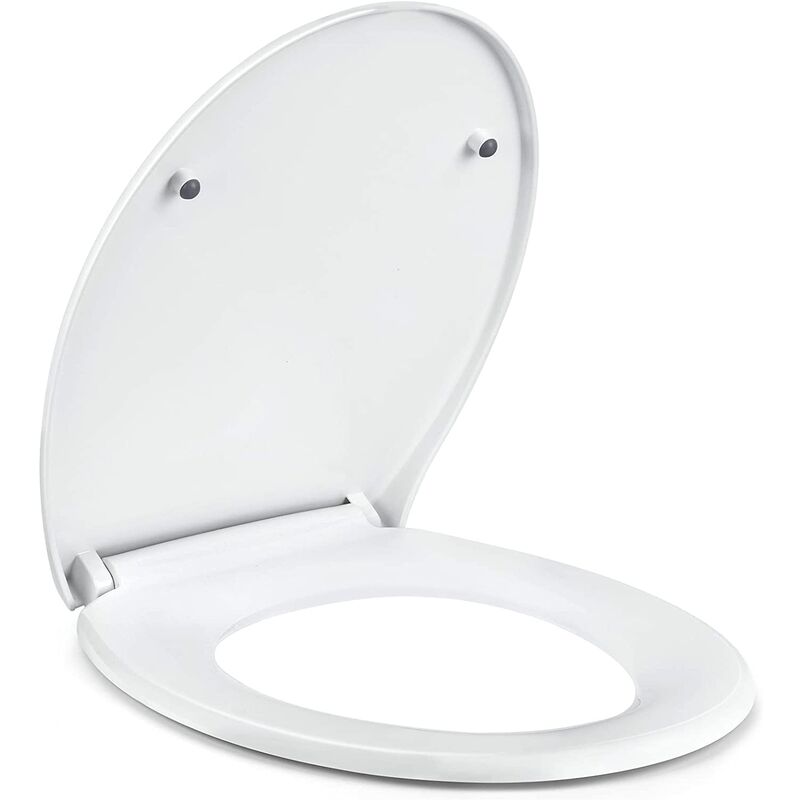 Tapa de WC, Asiento de inodoro ovalado blanco, asiento de inodoro con descenso automático, cierre rápido para una limpieza fácil, montaje fácil, de polipropileno con bisagras inoxidables ajustables, TL-06