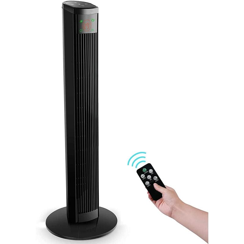 Ventilador de torre con control remoto: ventilador de piso de 96 cm, 4 niveles de velocidad y 3 modos de viento, ventilador de habitación de 45 W con oscilación de 65 °, pantalla LED y panel táctil, negro