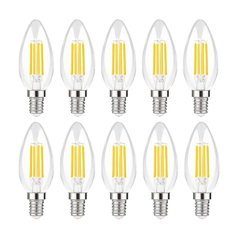 Pack de 10 bombillas vela LED E14 para lámparas de araña, filamento E14 Retrofit Classic, 4,5W 470 lúmenes reemplaza 50 vatios, 2700K blanco cálido, bombilla de filamento, cristal, no regulable, 2 años de garantía