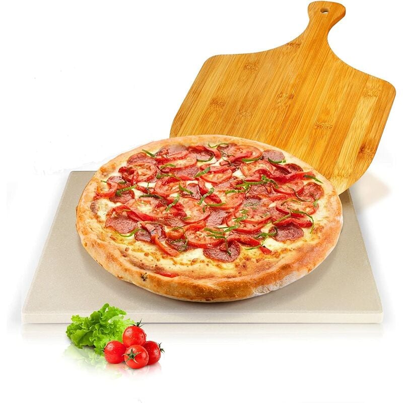 Juego de piedra para pizza, piedra para pizza de cordierita italiana con hoja de bambú y herramientas para hornear recetas para horno de gas y parrilla Embalaje exquisito 38 x 30 x 1,5 cm