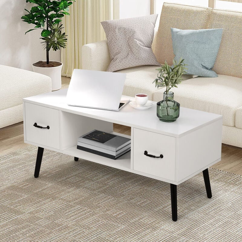 Mesa de centro moderna con 2 cajones y estante abierto, mesa auxiliar rectangular de 2 niveles con patas de pino estables para sala de estar, blanco