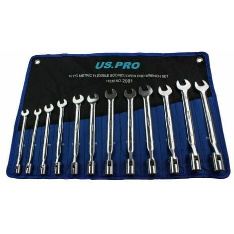 US PRO 12pc Flexi Head Socket / Open End Wrench Spanner Set 8 - 19mm 2081