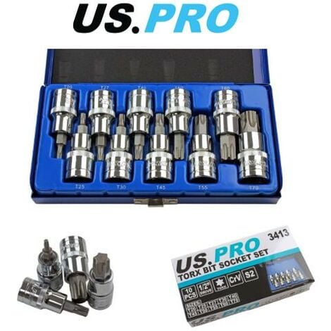 US PRO Tools 10PC 1/2” Dr Torx Bit Socket Set T20 - T70 3413