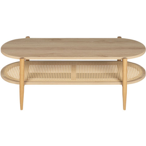 Drawer – Table basse ovale en bois clair et cannage – 120 x 50 x 40 cm – Piètement en chêne massif – 2 plateaux pour rangement et décoration (1/5)
