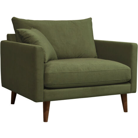 Fauteuil XL en velours pieds bois foncé - Vert olive - VILLABON (1/5)