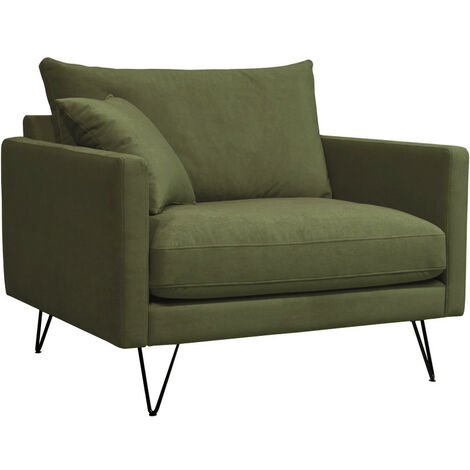 Fauteuil XL en velours pieds épingles noirs - Vert olive - VILLABON (1/5)