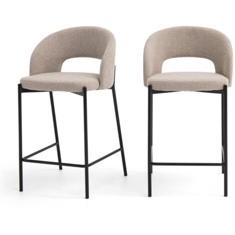 Drawer – Lot de 2 chaises de bar tissu bouclette – Hauteur 65cm – Métal noir – Dossier enveloppant – Pour espaces contemporains