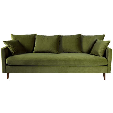 Canapé convertible 4 places en velours pieds bois foncé - Vert olive - VILLABON (1/5)