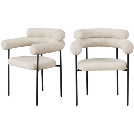 Drawer – Lot de 2 fauteuils de table en tissu bouclette – Structure métal robuste – Assise rembourrée 47,5cm – Design scandinave contemporain – Écru (1/5)