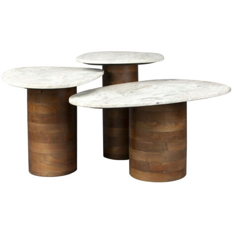 Lot de 3 tables basses organiques gigognes en marbre et bois - Bois foncé et blanc - Suki