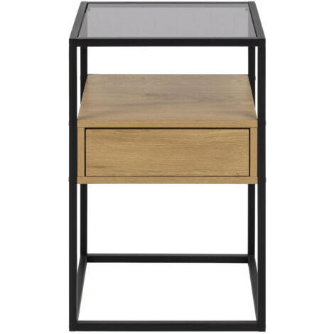 Table de chevet 1 tiroir en verre, bois et métal - Bois clair - Luma (1/5)