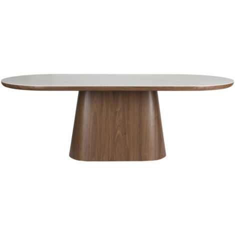 Table à manger 8 personnes ovale en pierre et bois - Bois foncé - Almira
