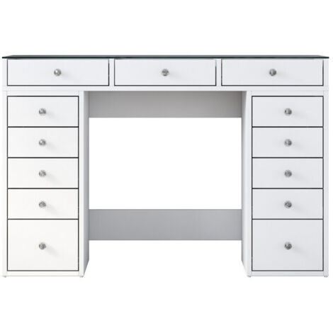 Drawer – Coiffeuse 13 tiroirs avec plateau en verre 120cm – Mélaminé et verre – 6 compartiments ouverts pour rangement organisé