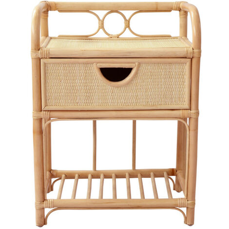 Drawer – Table de chevet en rotin tressé artisanal – Style rétro bohème – 2 étagères et 1 tiroir – Hauteur 51 cm pour rangement pratique