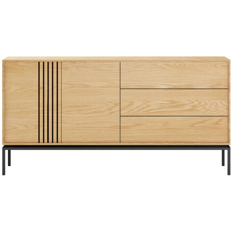 Drawer – Buffet 2 portes 3 tiroirs en bois clair et métal L180cm – Design contemporain avec pieds en métal noir – Rangement polyvalent pour salon ou chambre (1/5)