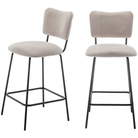 Drawer – Lot de 2 chaises de bar en tissu polyester beige – Hauteur 65 cm – Piétement métal noir mat – Confort optimal avec dossier incurvé